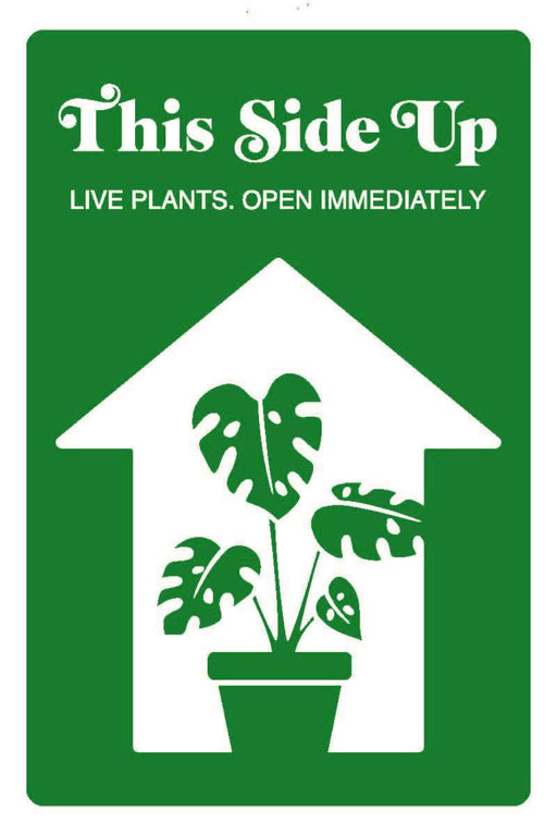 "This Side Up" shipping sticker describing plants, Open immediately.